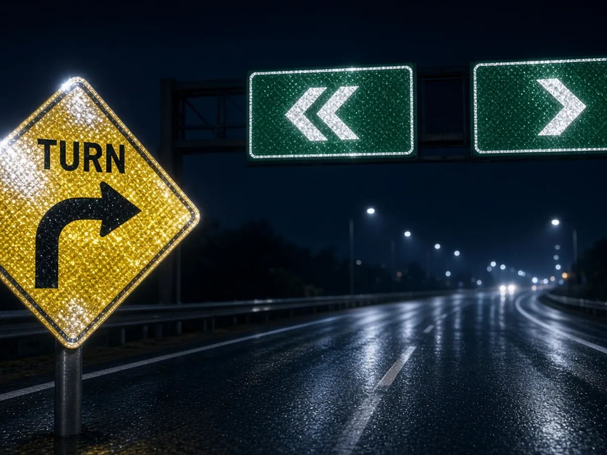 Señales elevadas de autopista de noche con retorno retrorreflectante