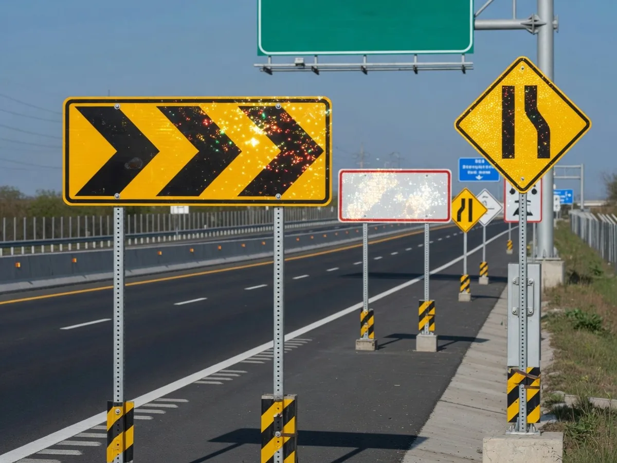 Señales de tráfico con lámina reflectante en una carretera a pleno día