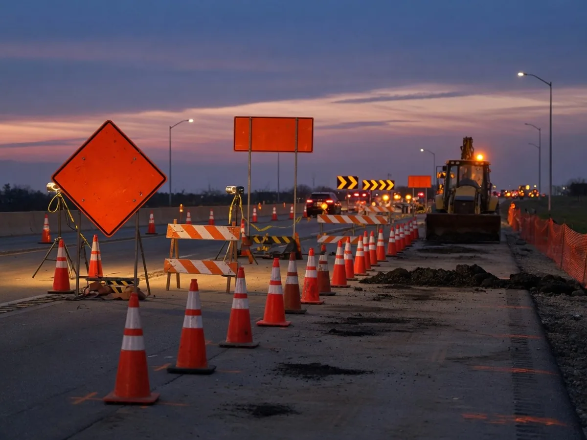 Señales y canalizadores de zona de obras con bandas reflectantes